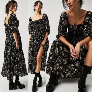 Free People Oasis Printed Midi Dress Black Floral